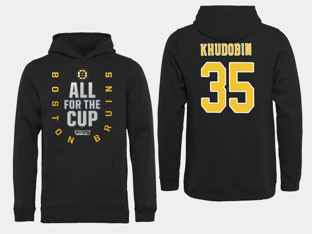 NHL Men Boston Bruins 35 Khudobin Black All for the Cup Hoodie